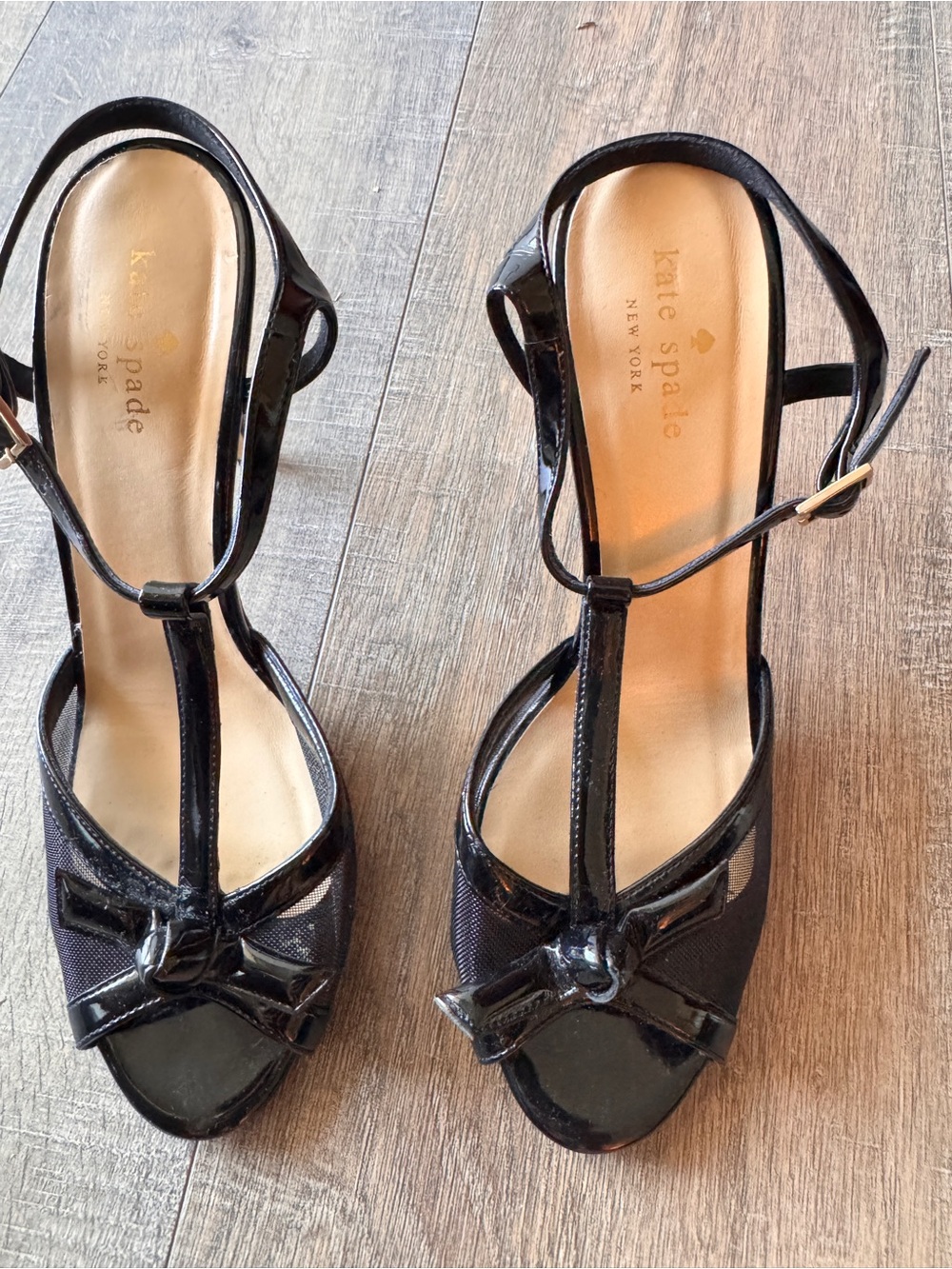kate spade Black Patent T-Strap Peep Toe Heels with Bow Accent | Size 8